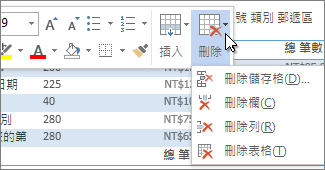 顯示 [刪除] 功能表的迷你工具列