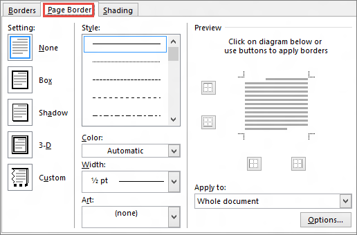 Word 2010 [框線及網底] 對話方塊的 [頁面框線] 索引標籤