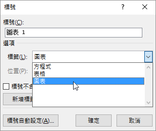 使用 [標題] 對話方塊針對您的圖表、表格或方程式標題設定選項。