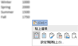 貼上選項按鈕，旁邊有 Excel 資料，會展開顯示選項