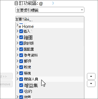 選擇開發者後自訂功能區對話框