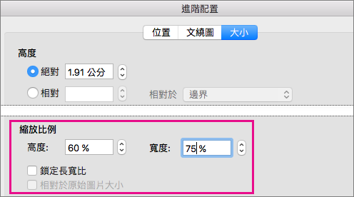 在 [進階版面配置] 方塊中的 [大小] 索引標籤中，醒目提示 [縮放比例] 選項。