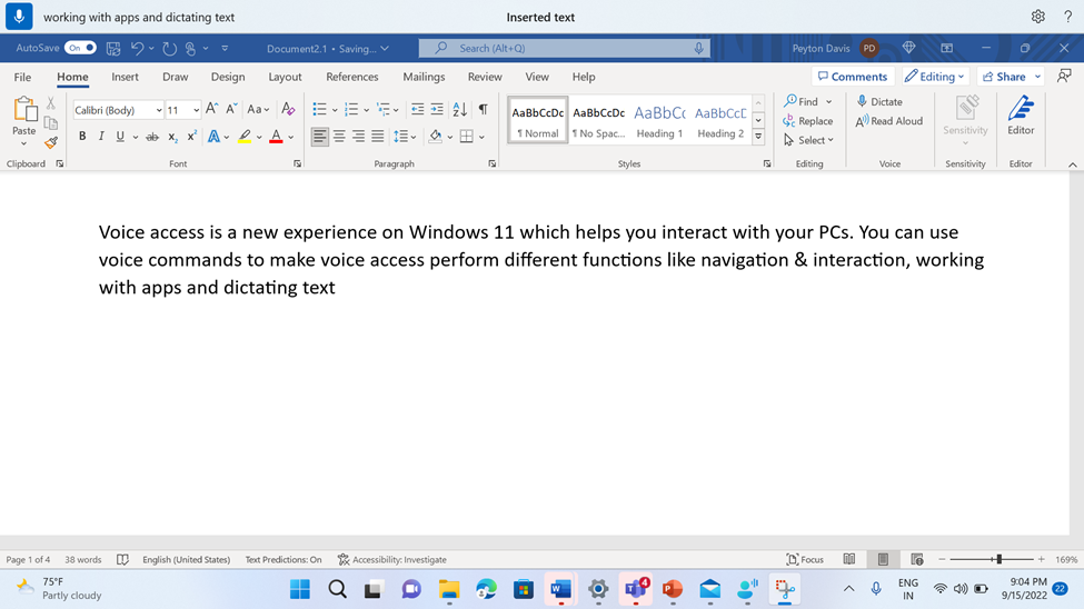 Word 文件顯示用於插入文字的語音存取指令。