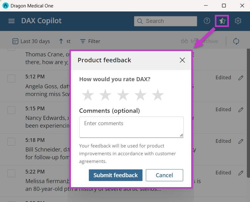 The image shows Product feedback highlighted the star icon pointed to the Product feedback pop up window