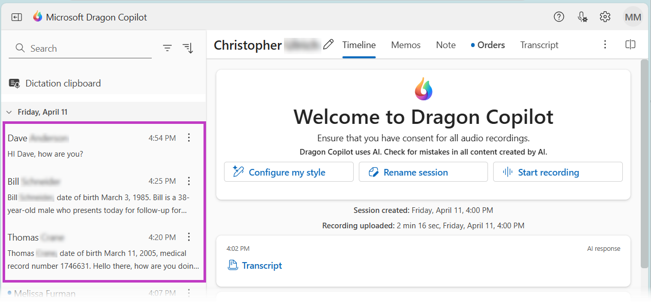 Top of the Dragon Copilot screen with session list highlighted