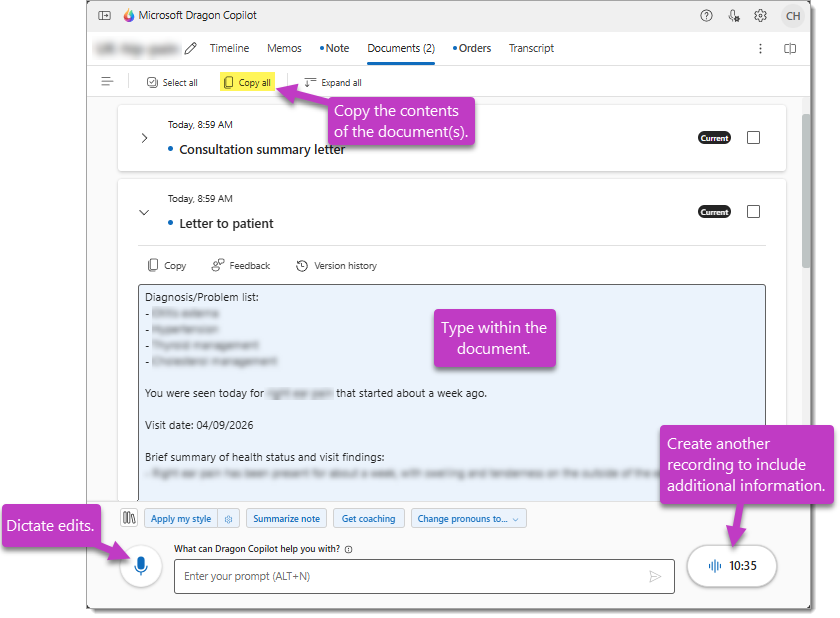 The options when working with documents in Dragon Copilot.