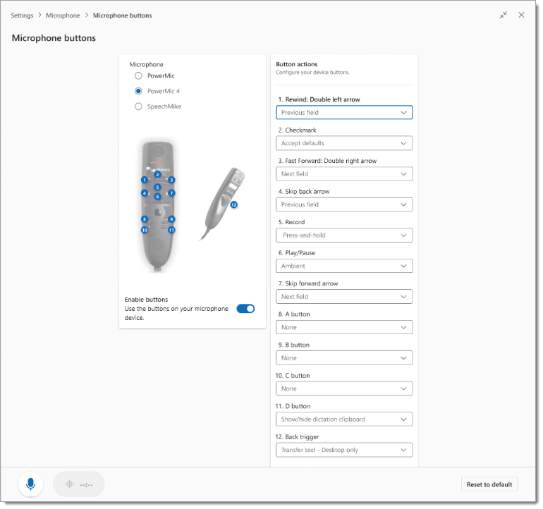 The Microphone and Button actions sections in Settings.