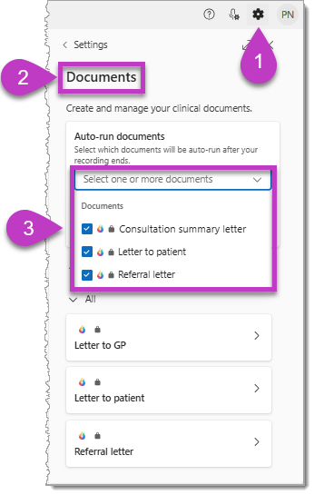 The Documents setting screen in Dragon Copilot.