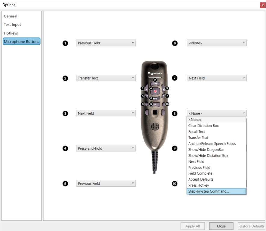 Options > Microphone Buttons window with list showing the different assignable options for a PowerMic III