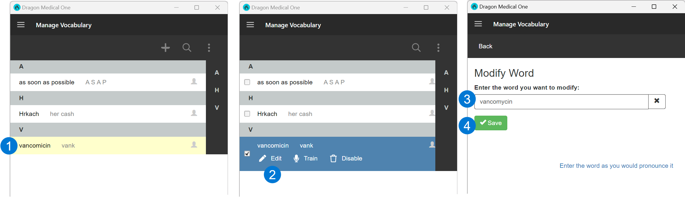 Steps to edit a vocabulary word in Dragon Medical One