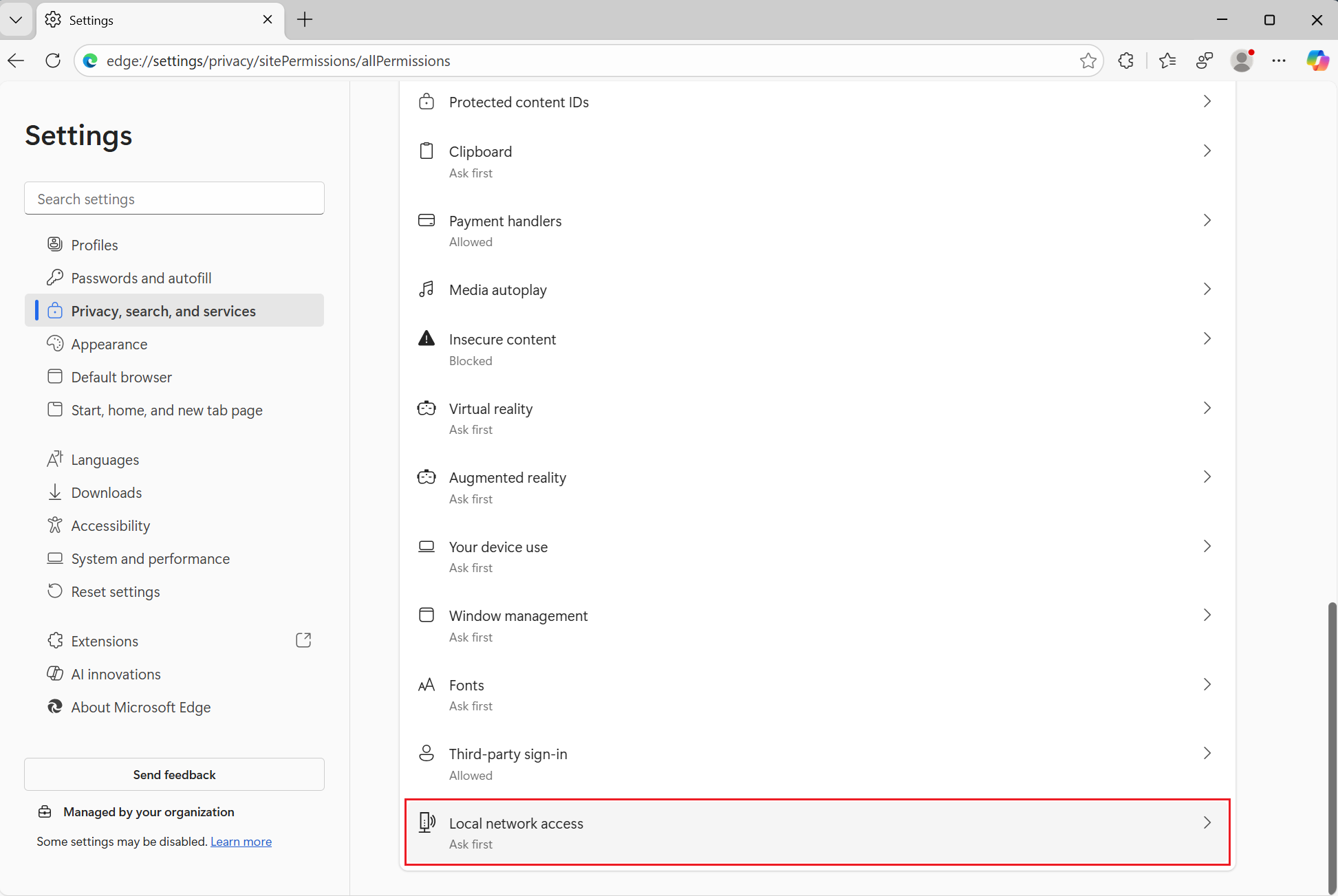 Edge 設定中的 LocalNetworkAccess 截圖