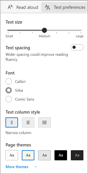 Microsoft Edge 沉浸式閱讀程式中的文字偏好設定。