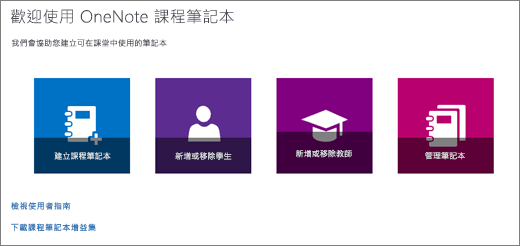 OneNote 課程筆記本精靈中，建立課程筆記本、新增或移除學生、新增或移除教師及管理筆記本的圖示。