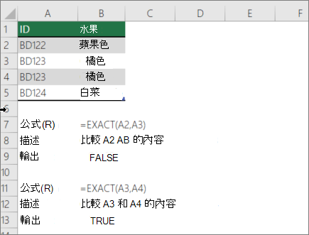 使用 EXACT 函數比較儲存格與另一個儲存格的範例