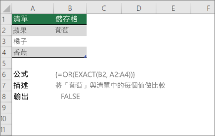 使用 OR 和 EXACT 函數比較某個值與某個值清單的範例
