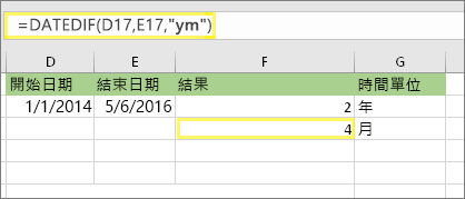 =DATEDIF (D17，E17，ym) 而結果為：4