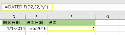 =DATEDIF (D2，E2，y) 而結果為：2