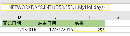 =NETWORKDAYS.INTL(D53,E53,1,MyHolidays) 而結果為：252