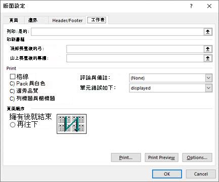 Excel 版面設定 工作表索引標籤選項
