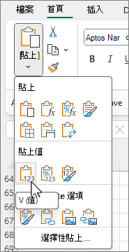 選項庫中的 [貼上值] 按鈕