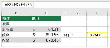 儲存格 H4 為 =E2+E3+E4+E5 且結果為 #VALUE！