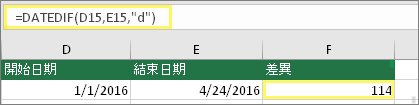 儲存格 D15 為 1/1/2016、儲存格 E15 為 4/24/2016、儲存格 F15 有公式：=DATEDIF (D15，E15，d) 且結果為 114