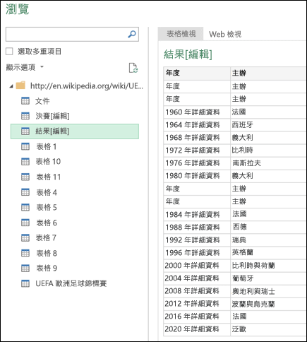 從 Web > Navigator 資料表檢視的 Power Query >