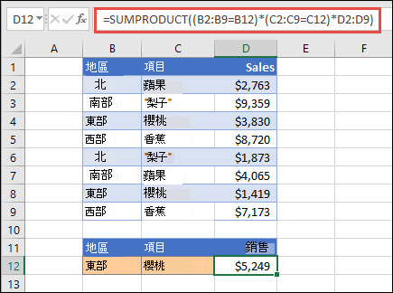 使用 SUMPRODUCT 依地區傳回項目總和的範例。在這種情況下，東部地區銷售的櫻桃數量。