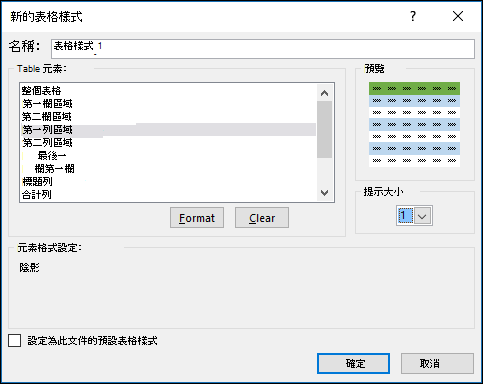 將自訂樣式套用到表格的 [新增表格樣式] 對話選項