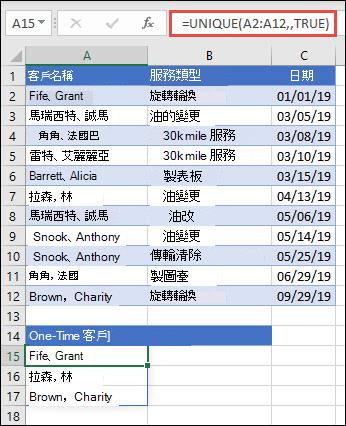使用 UNIQUE 搭配將 occurs_once 引數設為 True，以傳回只出現一次的名稱清單。