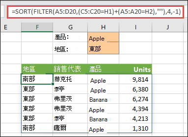 合併使用 FILTER 和 SORT – 按照 Product (Apple) OR 也按照 Region (East) 篩選