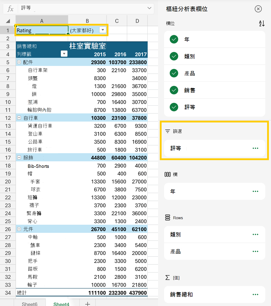 欄位清單和樞紐分析表中篩選區域的影像。
