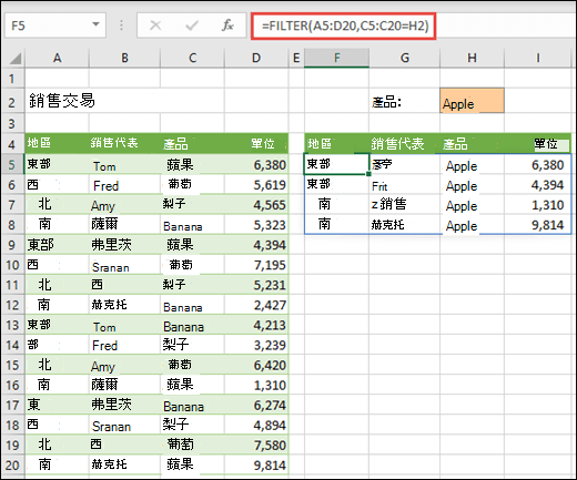 FILTER 函數 - 按照產品 (蘋果) 篩選地區