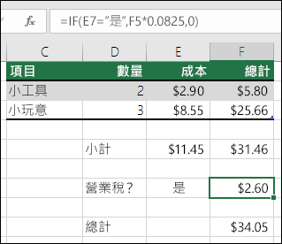儲存格 F7 中的公式是 IF (E7=Yes，F5*0.0825,0) 