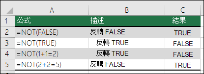 反轉引數的 NOT 函數範例。例如 =NOT (1+1=2) 
