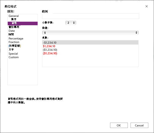 [數值格式] 畫面中的貨幣選項