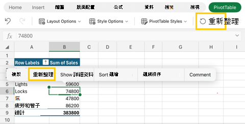 iPad 版 Excel 上重新整理樞紐分析表的螢幕擷取畫面
