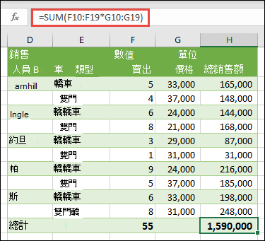用 =SUM (F10：F19*G10：G19) 計算總計的單一儲存格陣列公式 