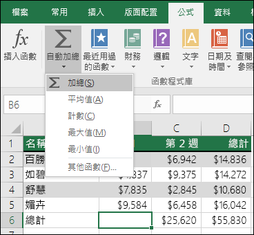 您可以使用 [自動加總精靈] 自動建立加總公式。選取要加總之範圍的上方/下方或左/右的範圍，然後移至功能區上的 [公式] 索引標籤，然後選取 [自動加總] & [加總]。