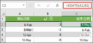 使用 EDATE 在日期中加減月份。在此情況下，=EDATE (A2，B2) 其中 A2 是日期，而 B2 是要加減的月份數。