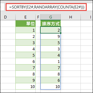 使用 SORTBY 搭配 RANDARRAY 和 COUNTA。在此例中，E2# 是指從 E2 開始的整個範圍，是使用 =SEQUENCE(10) 來產生。# 符號稱為溢出範圍運算子。