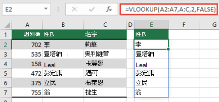 使用 =VLOOKUP (A2：A7，A：C，2，FALSE) 可傳回不會導致 #SPILL 的動態陣列！錯誤。