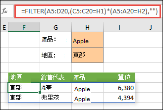 使用 FILTER 搭配乘號運算子 (*) 以傳回 (A5:D20) 陣列範圍中，擁有 Apples AND 且在 East 區域的所有值。