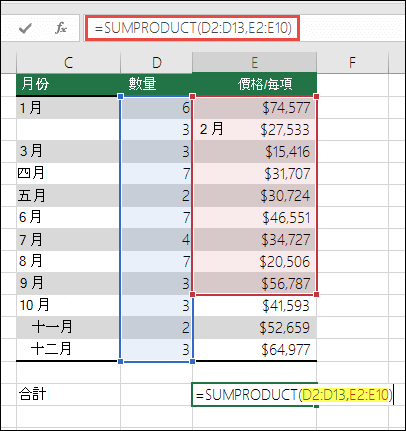 造成錯誤的 SUMPRODUCT 公式為 =SUMPRODUCT(D2:D13,E2:E10) - E10 需要變更為 E13 以符合第一個範圍。