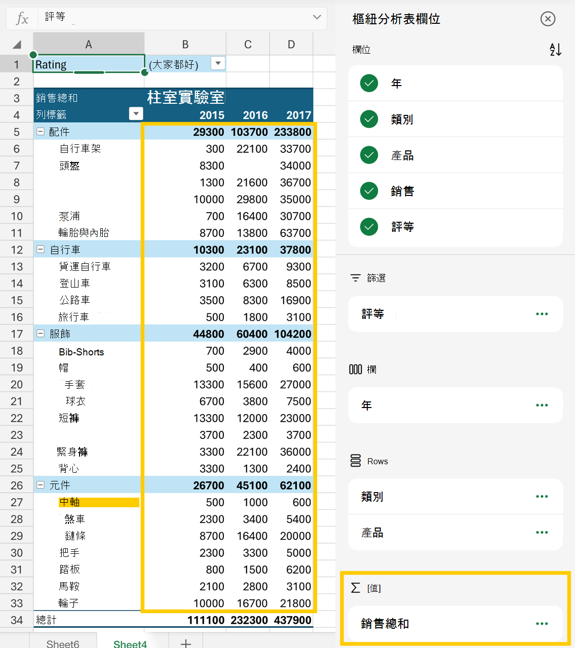 欄位清單中的值區域和樞紐分析表中數值的影像。