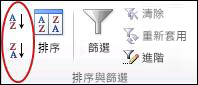 Excel 中 [資料] 索引標籤上的 [排序 & 篩選] 群組中的排序按鈕
