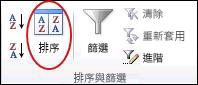 Excel 中 [資料] 索引標籤上的 [排序 & 篩選] 群組中的排序命令