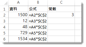 欄 A 中的數字、欄 B 中含 $ 記號的公式，以及 C 欄中的數字 3