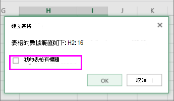 將資料範圍轉換成表格的對話方塊