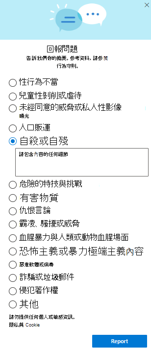 OneDrive 中 [檢舉不當使用] 對話方塊的螢幕擷取畫面